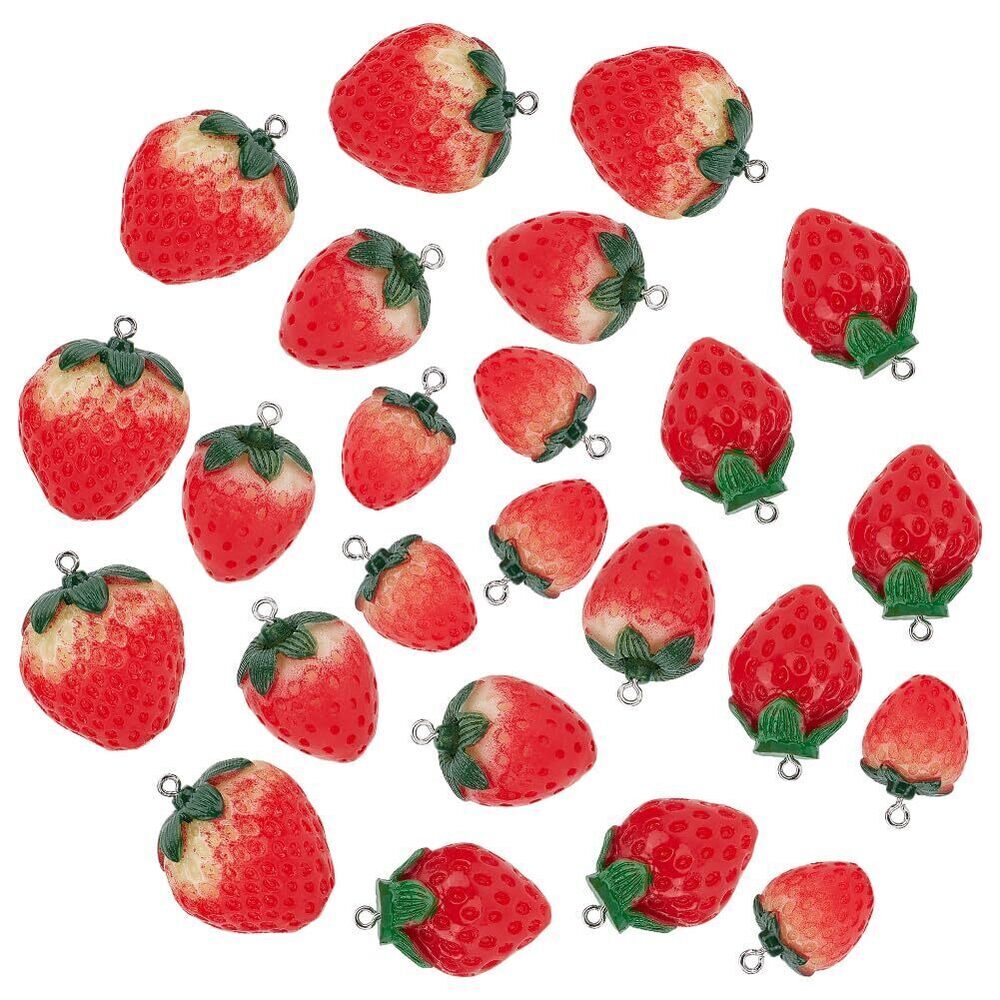 6928 24Pcs 4 Styles Resin Strawberry Charms, Cute Strawberry Bead Pendants